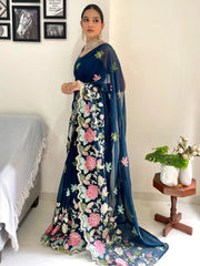 Women's Georgette Teal Blue Embellished Designer Saree With Blouse Piece-KESARI4503