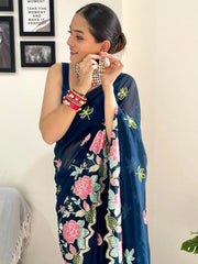 Women's Georgette Teal Blue Embellished Designer Saree With Blouse Piece-KESARI4503