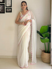 Women's Georgette Off White Embellished Designer Saree With Blouse Piece-KESARI4808