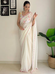 Women's Georgette Off White Embellished Designer Saree With Blouse Piece-KESARI4808
