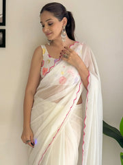 Women's Georgette Off White Embellished Designer Saree With Blouse Piece-KESARI4808