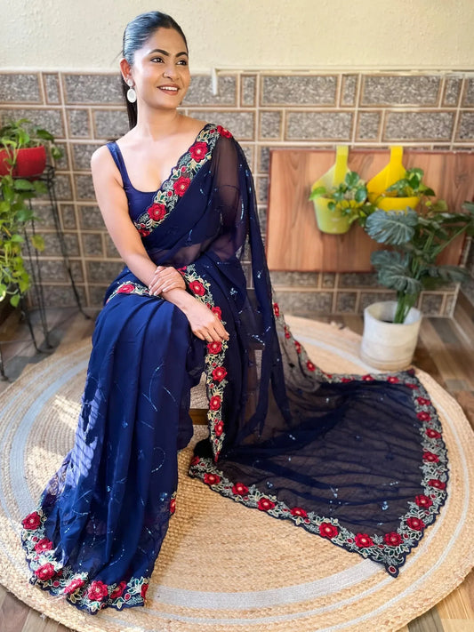 Women's Georgette Navy Blue Embellished Designer Saree With Blouse Piece-KESARI5602 1500