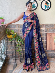 Women's Georgette Navy Blue Embellished Designer Saree With Blouse Piece-KESARI6201
