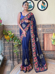 Women's Georgette Navy Blue Embellished Designer Saree With Blouse Piece-KESARI6201