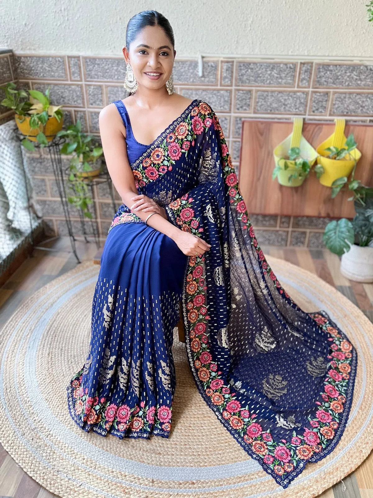 Women's Georgette Navy Blue Embellished Designer Saree With Blouse Piece-KESARI6201