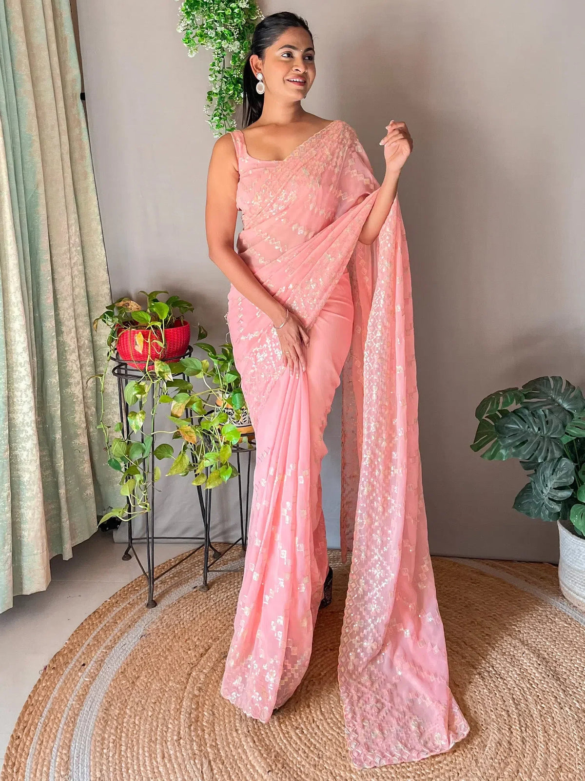 Women's Georgette Peach Embellished Designer Saree With Blouse Piece-KESARI6903