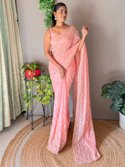 Women's Georgette Peach Embellished Designer Saree With Blouse Piece-KESARI6903