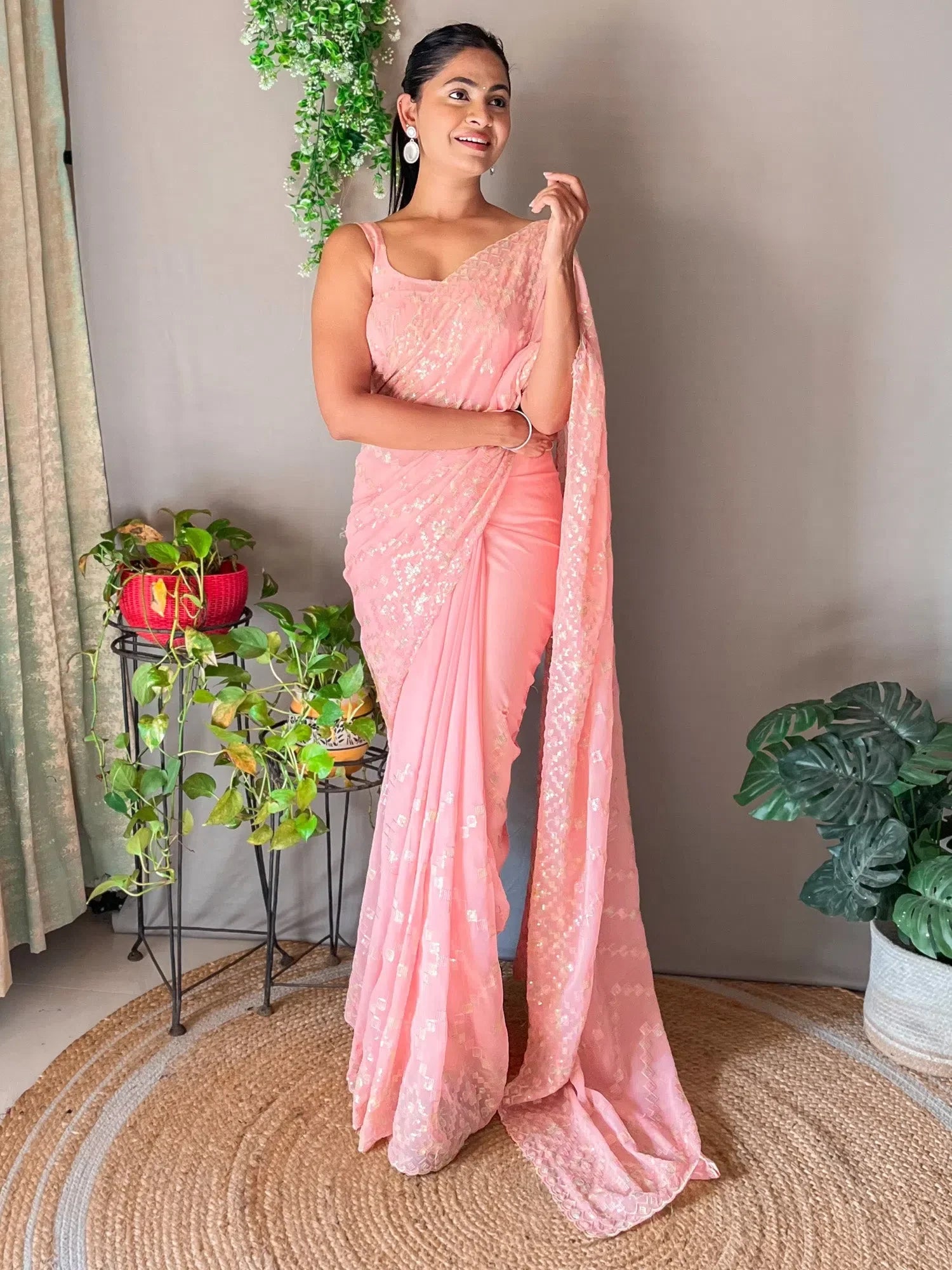 Peach Designer Saree: Embellished Indian Sari - Kesari6903