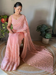 Women's Georgette Peach Embellished Designer Saree With Blouse Piece-KESARI6903