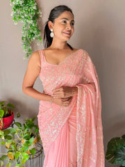 Women's Georgette Peach Embellished Designer Saree With Blouse Piece-KESARI6903