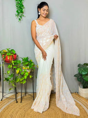 Women's Georgette Cream Embellished Designer Saree With Blouse Piece-KESARI6907