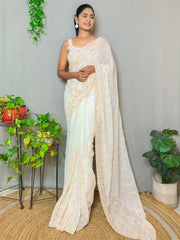 Women's Georgette Cream Embellished Designer Saree With Blouse Piece-KESARI6907