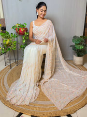 Women's Georgette Cream Embellished Designer Saree With Blouse Piece-KESARI6907