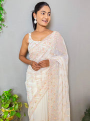 Women's Georgette Cream Embellished Designer Saree With Blouse Piece-KESARI6907