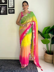 Women's Georgette Multicolored Embellished Designer Saree With Blouse Piece-KESARI7812