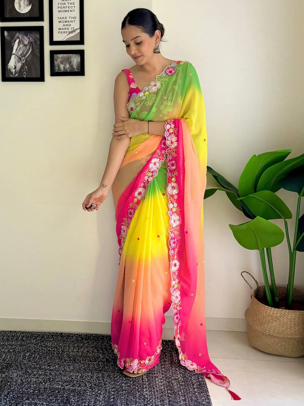 Women's Georgette Multicolored Embellished Designer Saree With Blouse Piece-KESARI7812