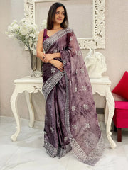 Women's Organza Burgundy Embroidered Designer Saree With Blouse Piece-KESARI8205