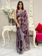 Women's Organza Burgundy Embroidered Designer Saree With Blouse Piece-KESARI8205