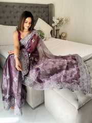 Women's Organza Burgundy Embroidered Designer Saree With Blouse Piece-KESARI8205