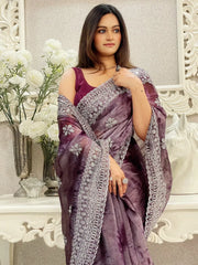 Women's Organza Burgundy Embroidered Designer Saree With Blouse Piece-KESARI8205