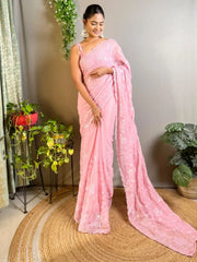 Women's Georgette Pink Embellished Designer Saree With Blouse Piece-KESARI8603