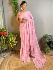 Women's Georgette Pink Embellished Designer Saree With Blouse Piece-KESARI8603