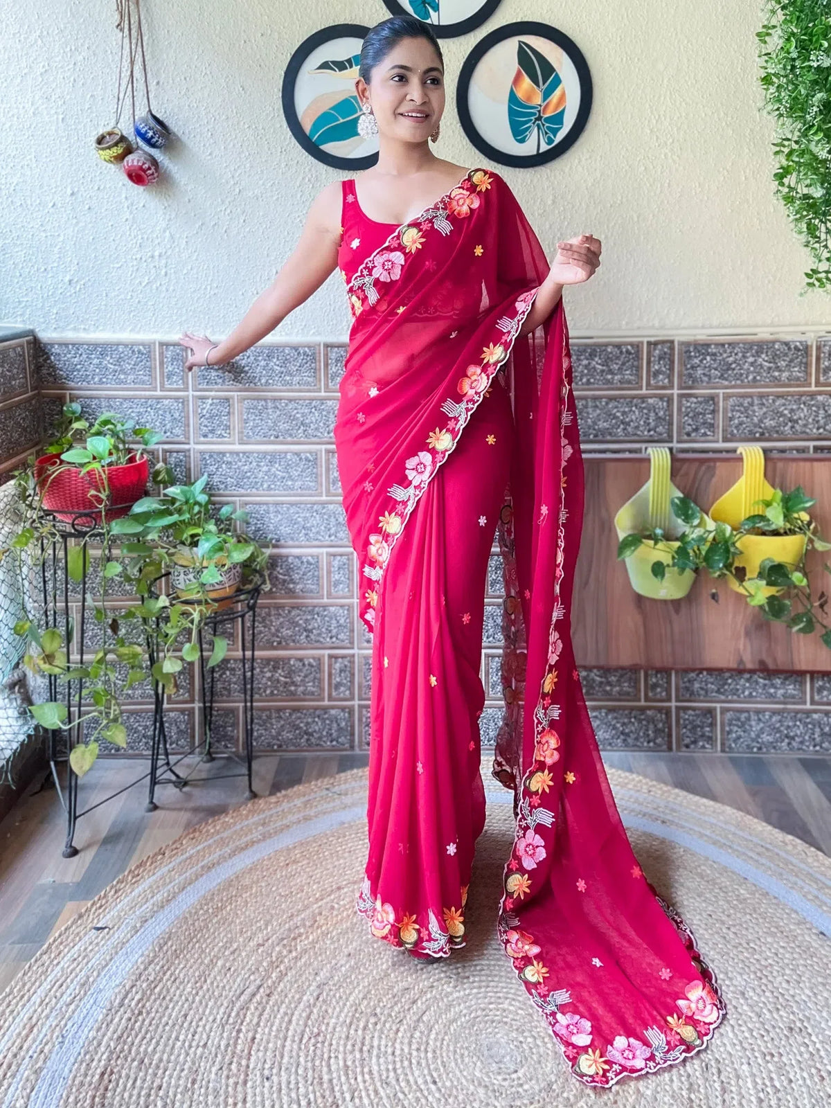 Women's Georgette Pink Embroidered Designer Saree With Blouse Piece-KESARI9102