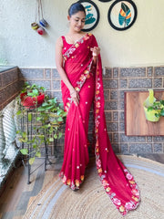 Women's Georgette Pink Embroidered Designer Saree With Blouse Piece-KESARI9102