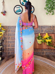 Women's Georgette Multicolored Embroidered Designer Saree With Blouse Piece-KESARI9301