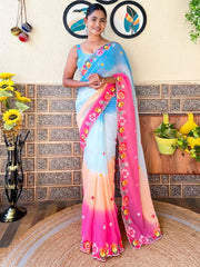 Women's Georgette Multicolored Embroidered Designer Saree With Blouse Piece-KESARI9301