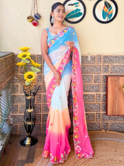 Women's Georgette Multicolored Embroidered Designer Saree With Blouse Piece-KESARI9301