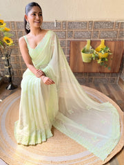 Women's Georgette Light Green Embellished Designer Saree With Blouse Piece-KESARI9404
