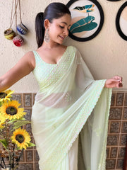 Women's Georgette Light Green Embellished Designer Saree With Blouse Piece-KESARI9404