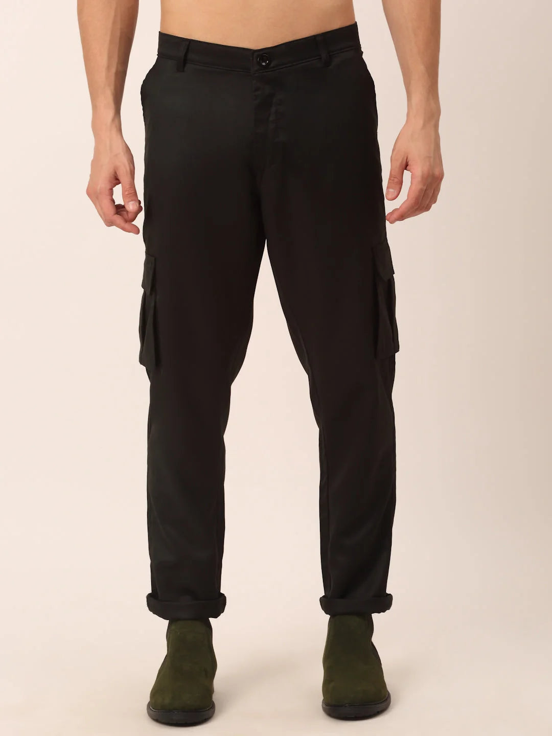 Black Cotton Cargo Pants for Men - Regular Fit Cotton Pants