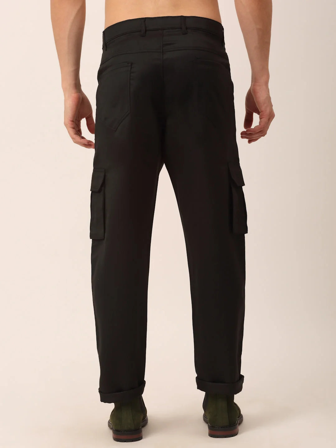 Black Cotton Cargo Pants for Men - Regular Fit Cotton Pants