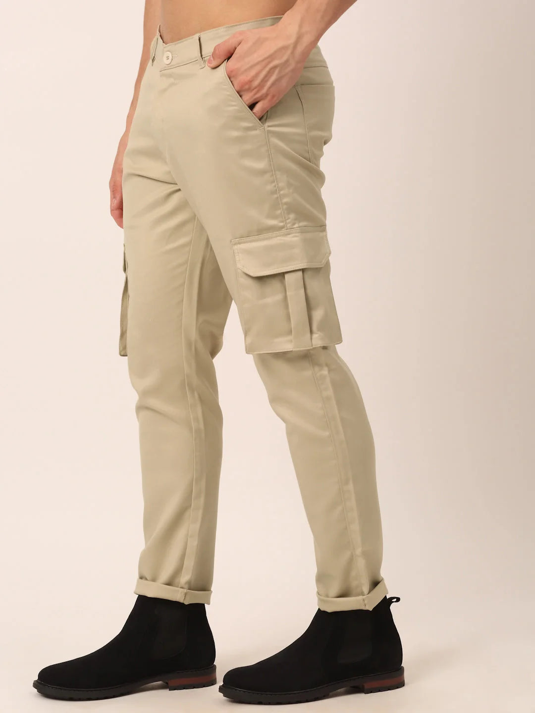 Men's Cream Cotton Cargo Pants - Solid Casual Cotton Pants
