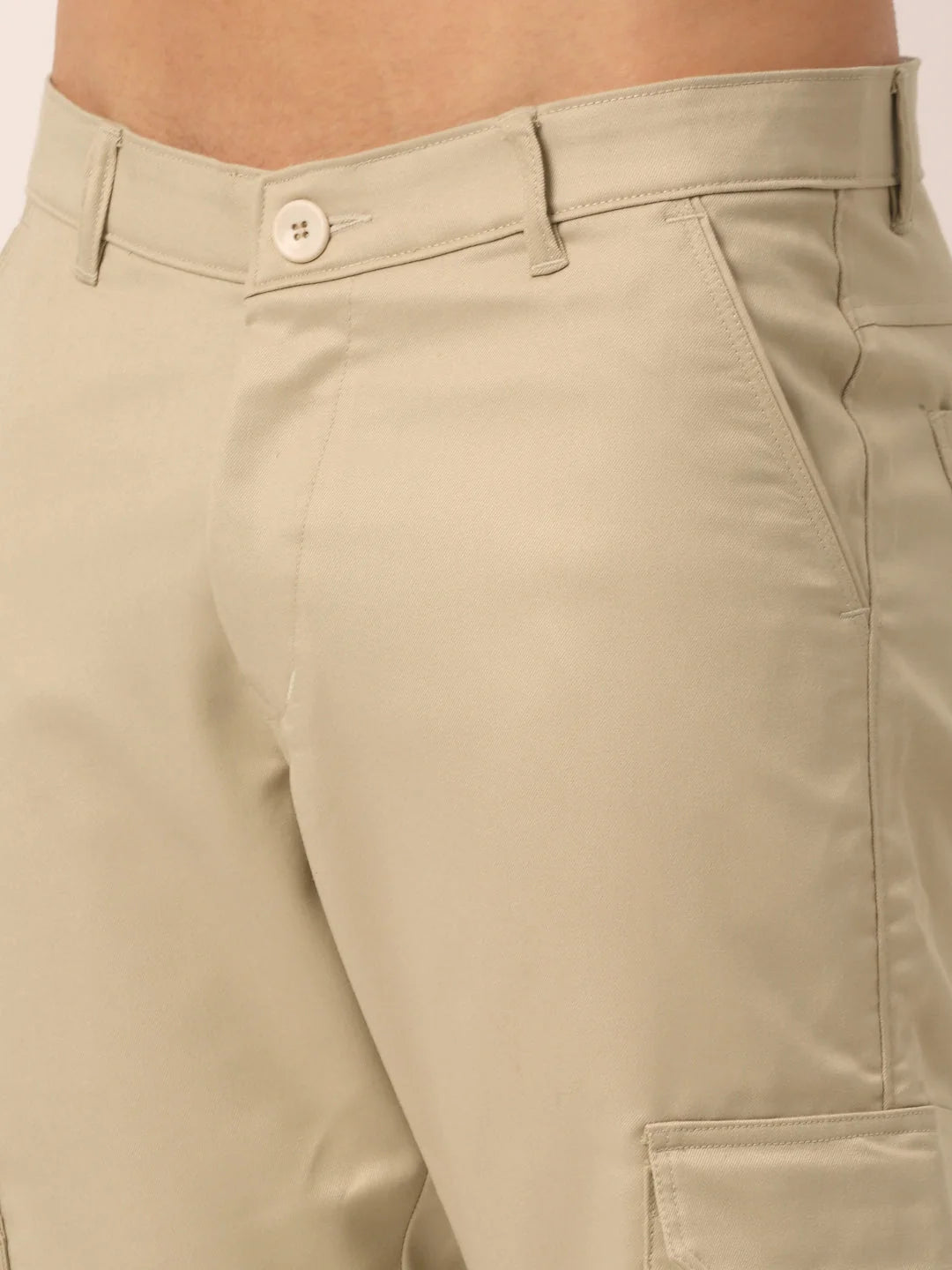 Men's Cream Cotton Cargo Pants - Solid Casual Cotton Pants