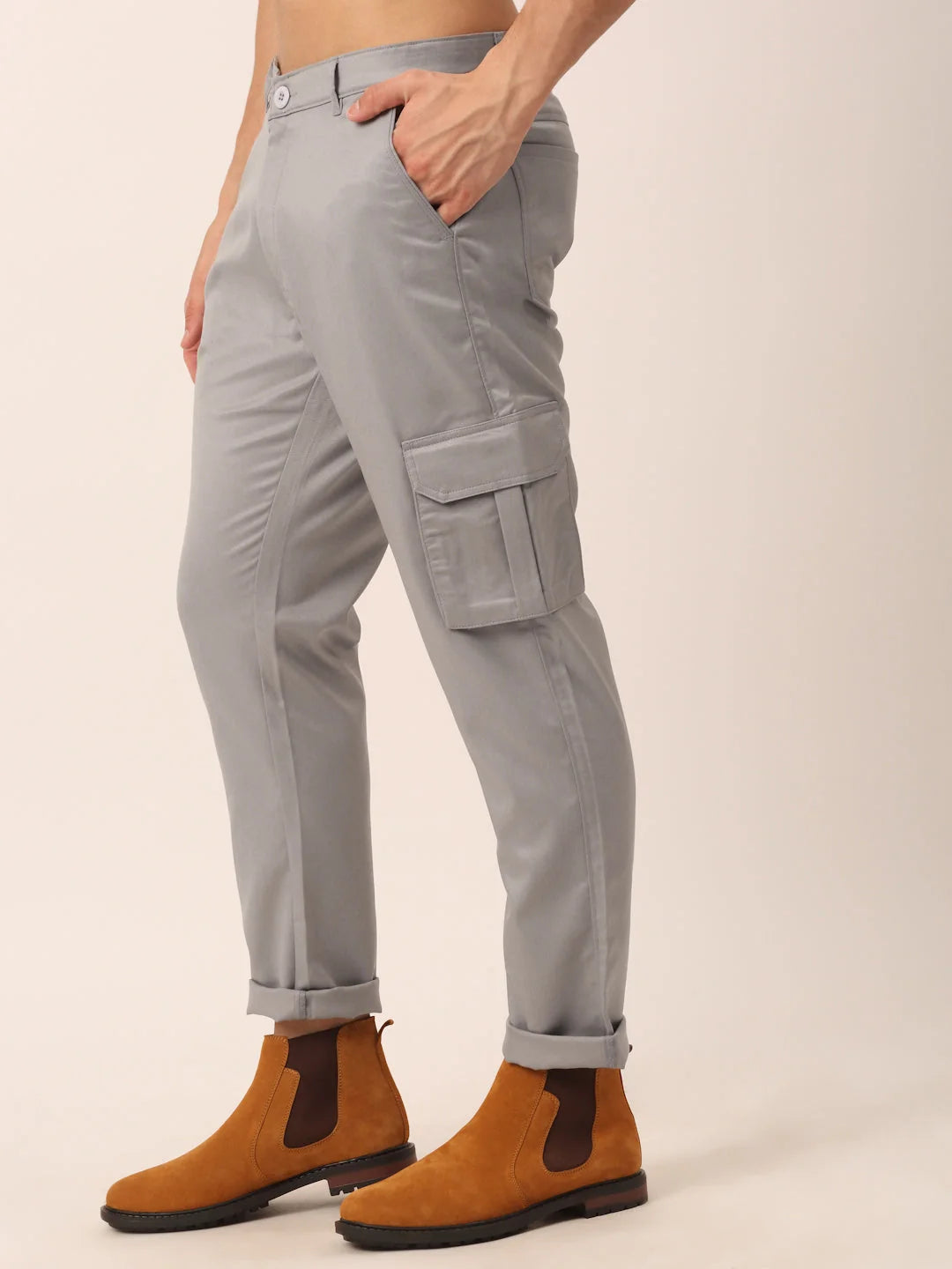 Men's Grey Cotton Cargo Pants - Solid Cotton Cargo Pants