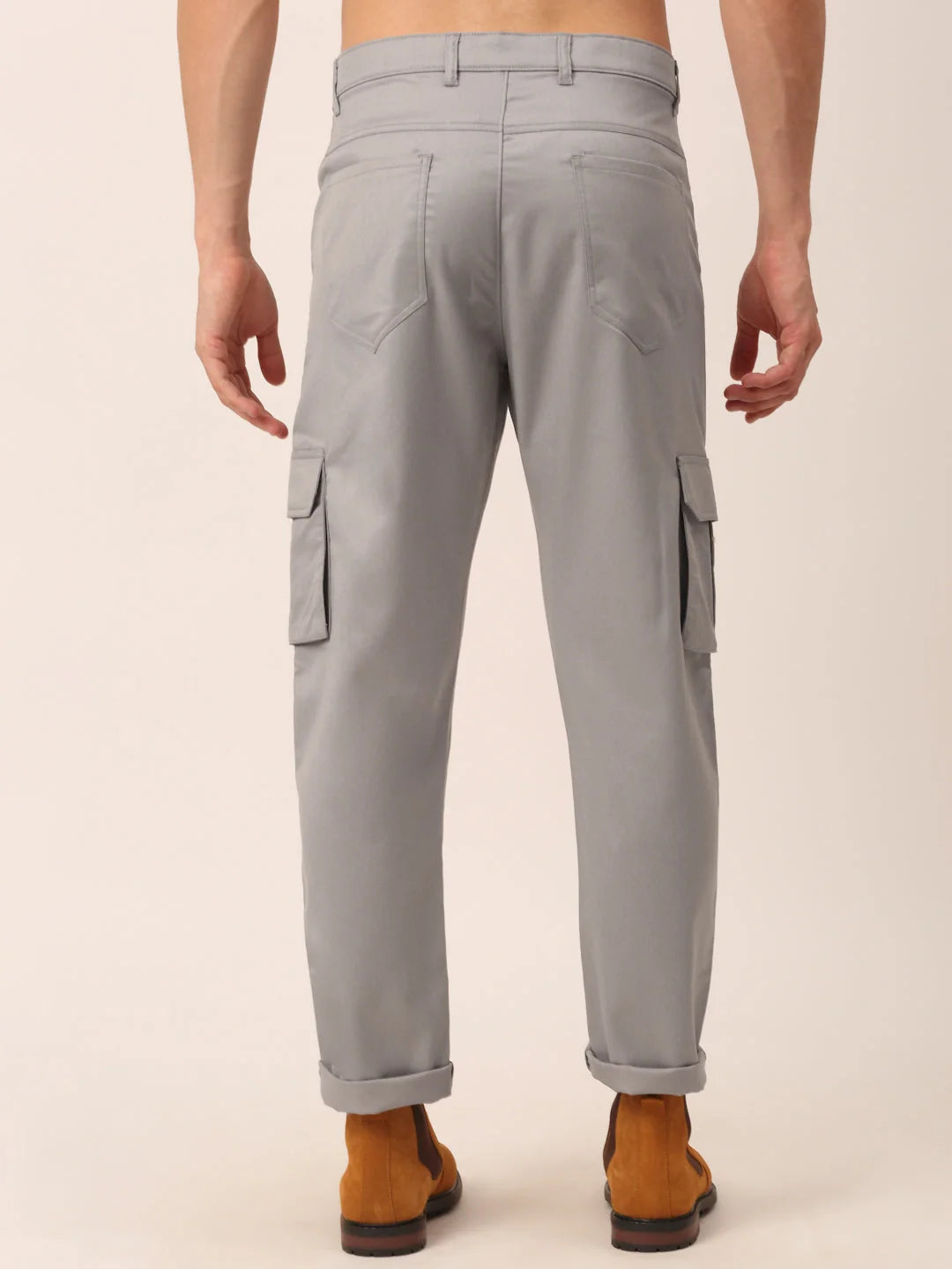 Men's Grey Cotton Cargo Pants - Solid Cotton Cargo Pants