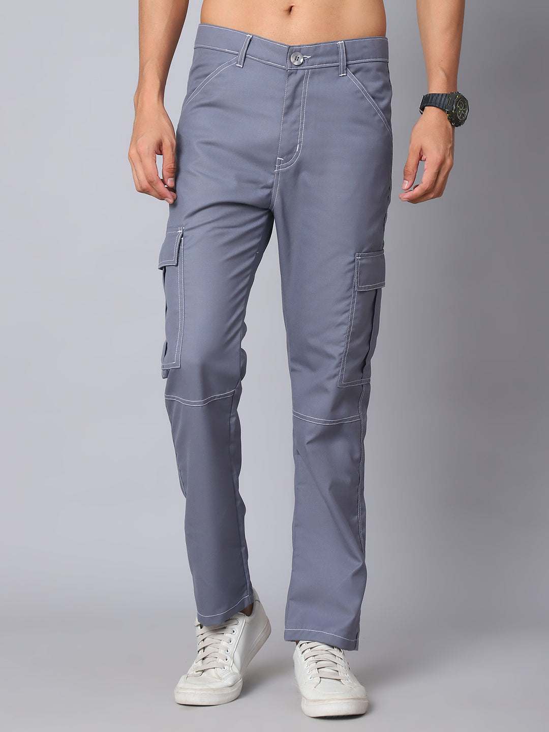 DesiQlo Men's Casual Cotton Blend Solid Cargo Pants ( KGP 156Light-Grey )
