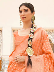 Women's Nylon Orange Woven Design Handloom Saree With Blouse Piece-KHADI203002