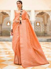Women's Nylon Orange Woven Design Handloom Saree With Blouse Piece-KHADI203002