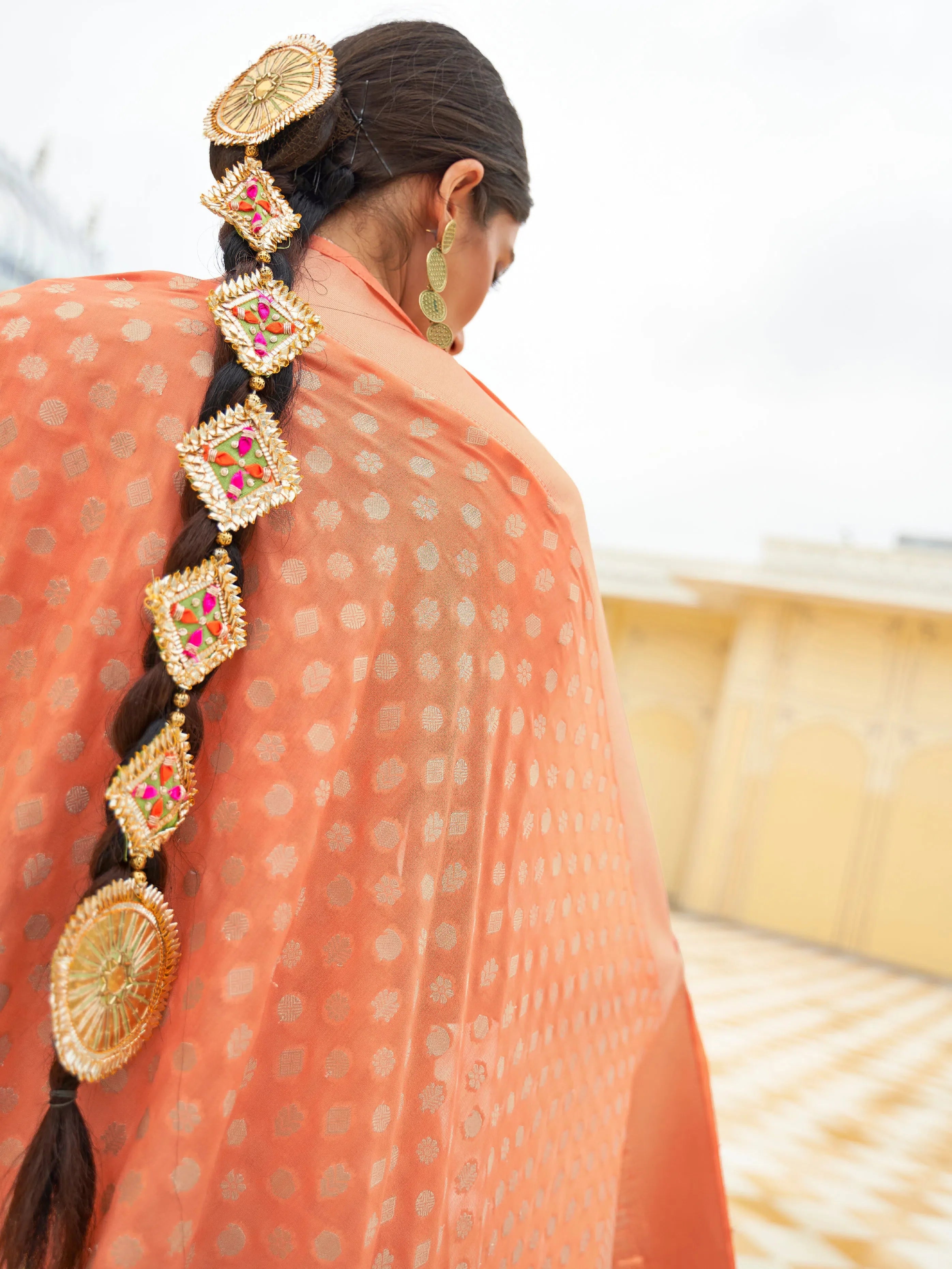 Orange Nylon Saree - Woven Design | Indian Sarees