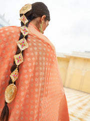 Women's Nylon Orange Woven Design Handloom Saree With Blouse Piece-KHADI203002