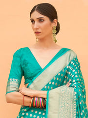 Women's Nylon Sea Green Woven Design Handloom Saree With Blouse Piece-KHADI203005