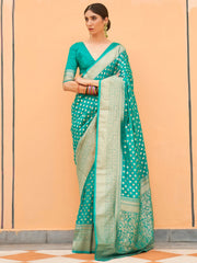 Women's Nylon Sea Green Woven Design Handloom Saree With Blouse Piece-KHADI203005