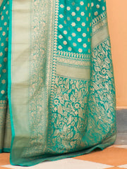 Women's Nylon Sea Green Woven Design Handloom Saree With Blouse Piece-KHADI203005