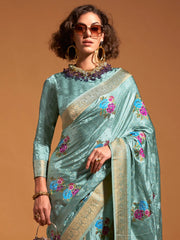 Women's Satin  Light Blue Woven Design Designer Saree With Blouse Piece-KHALISI360002