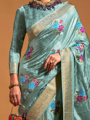 Women's Satin  Light Blue Woven Design Designer Saree With Blouse Piece-KHALISI360002