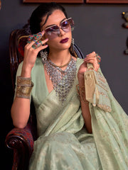 Women's  Blend Light Green Woven Design Designer Saree With Blouse Piece-KHBUTAI322003